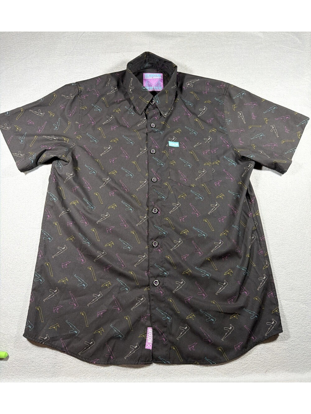 Dixxon Flannel Co Mens Pew Pew Neon Gun Short Sleeve Party Shirt Size M 0137